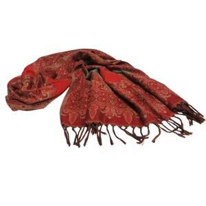 Artisan Paisley Wool Blend Shawl Scarf Orange Gold Fringe Wrap Stole Large